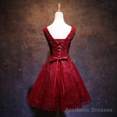 Wine Red Short Lace Cute Homecoming Dress, V Neckline Lace Up Teen Party Dress